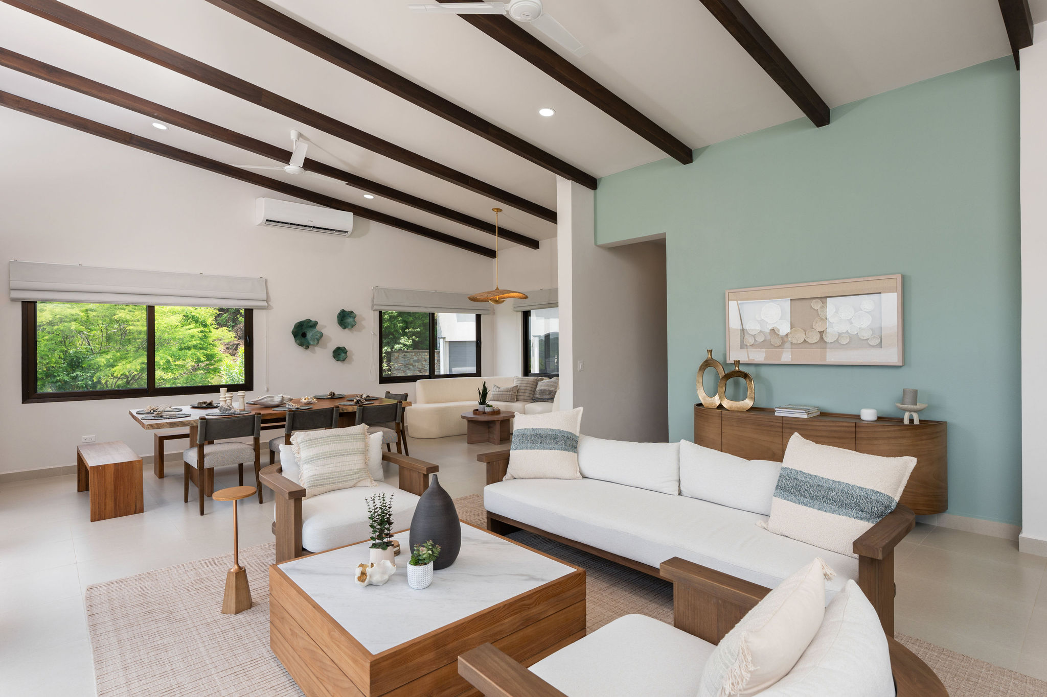 Living room with locally crafted wood furniture and coastal details